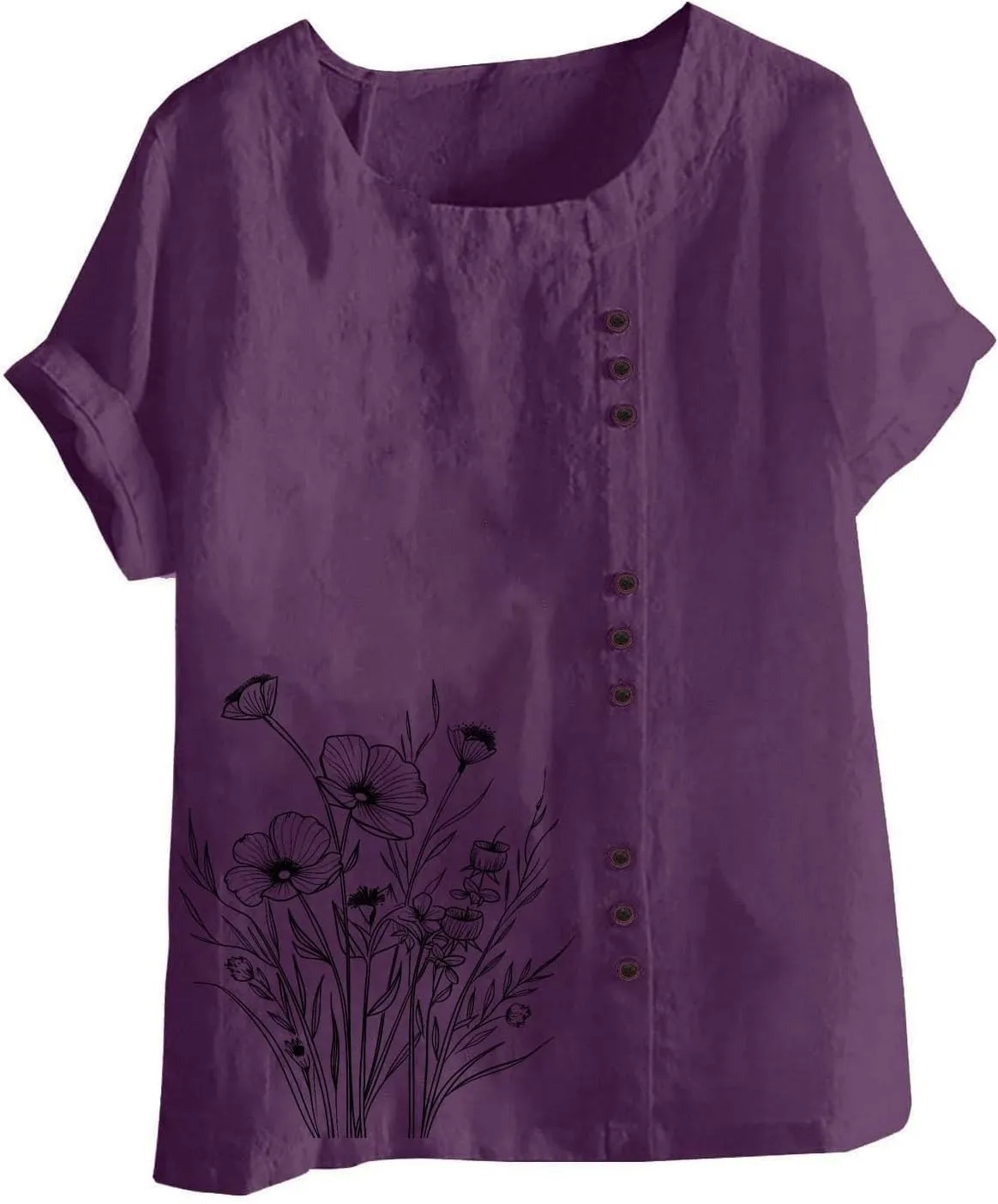 Cotton Linen Top for Women 2025 Boho Floral Short Sleeve Crewneck Short Sleeve Tshirt Floral Printed Loose Blouse