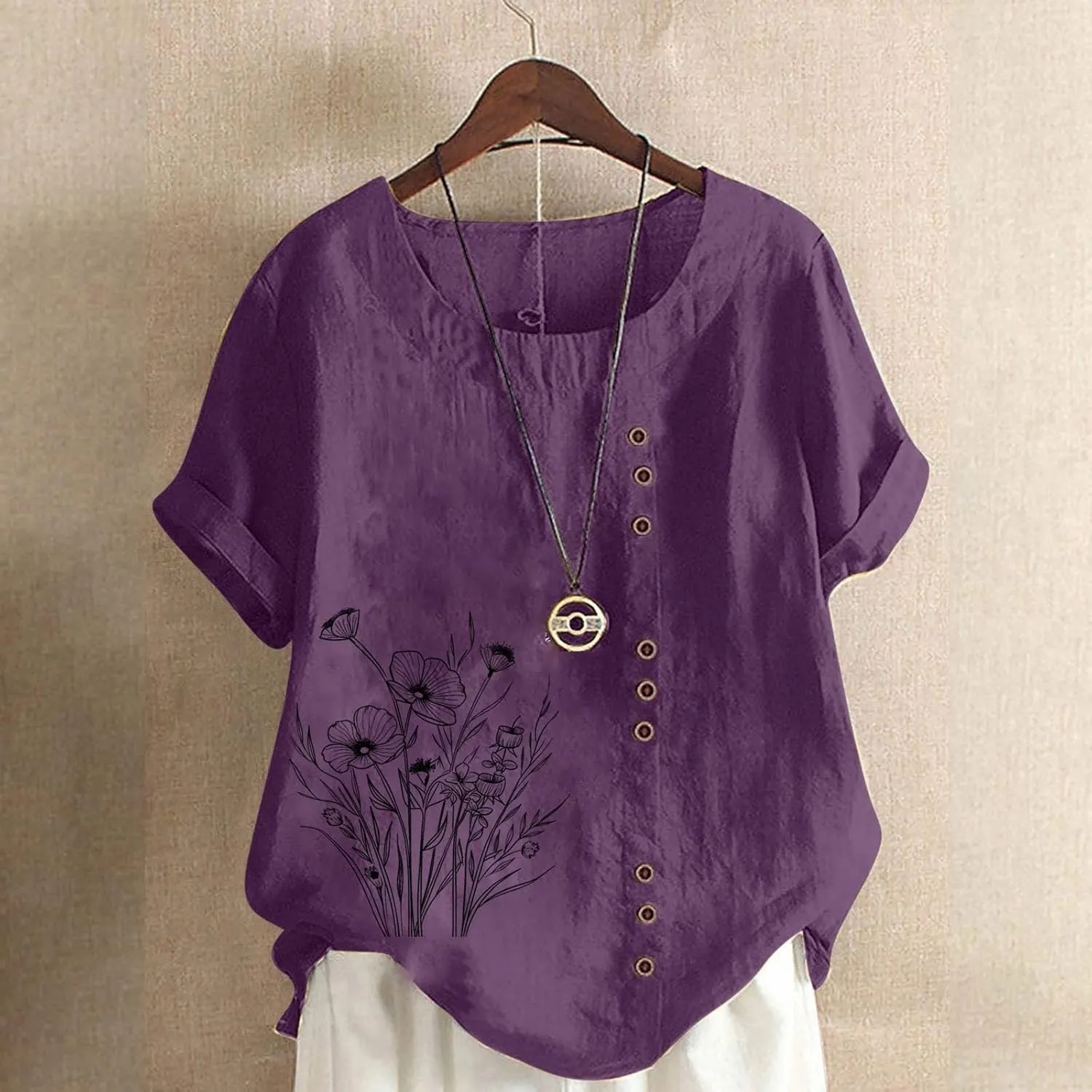 Cotton Linen Top for Women 2025 Boho Floral Short Sleeve Crewneck Short Sleeve Tshirt Floral Printed Loose Blouse