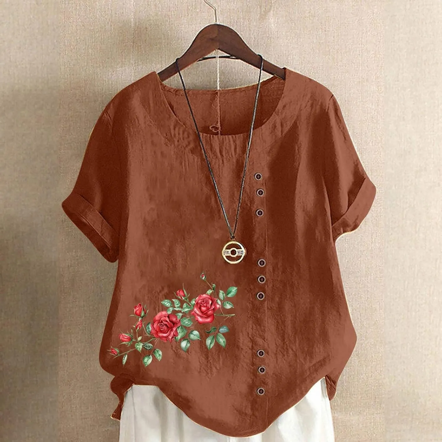 Cotton Linen Top for Women 2025 Boho Floral Short Sleeve Crewneck Short Sleeve Tshirt Floral Printed Loose Blouse