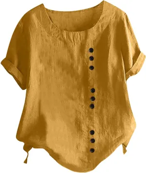 Cotton Linen Tops for Women Loose Fit Casual Roll Up Short Sleeve T-Shirt Trendy Cute Floral Print Blouse Summer Top