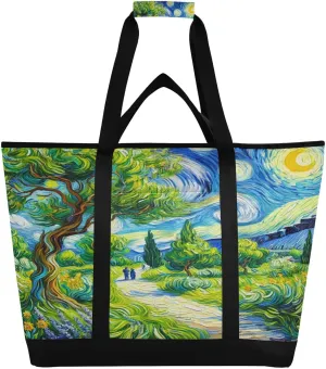 Country Path Tree Tote Bag for Women with Zipper Reusable Grocery Bags Foldable Insulated Cooler Bag Handbags Shopping Bags Totes for Groceries Work Picnic Travel Beach