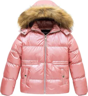 CREATMO US Girl's Kids Metallic Shiny Jacket with Detachable Fur Collar Warmth Winter Outerwear