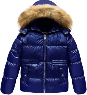 CREATMO US Girl's Kids Metallic Shiny Jacket with Detachable Fur Collar Warmth Winter Outerwear
