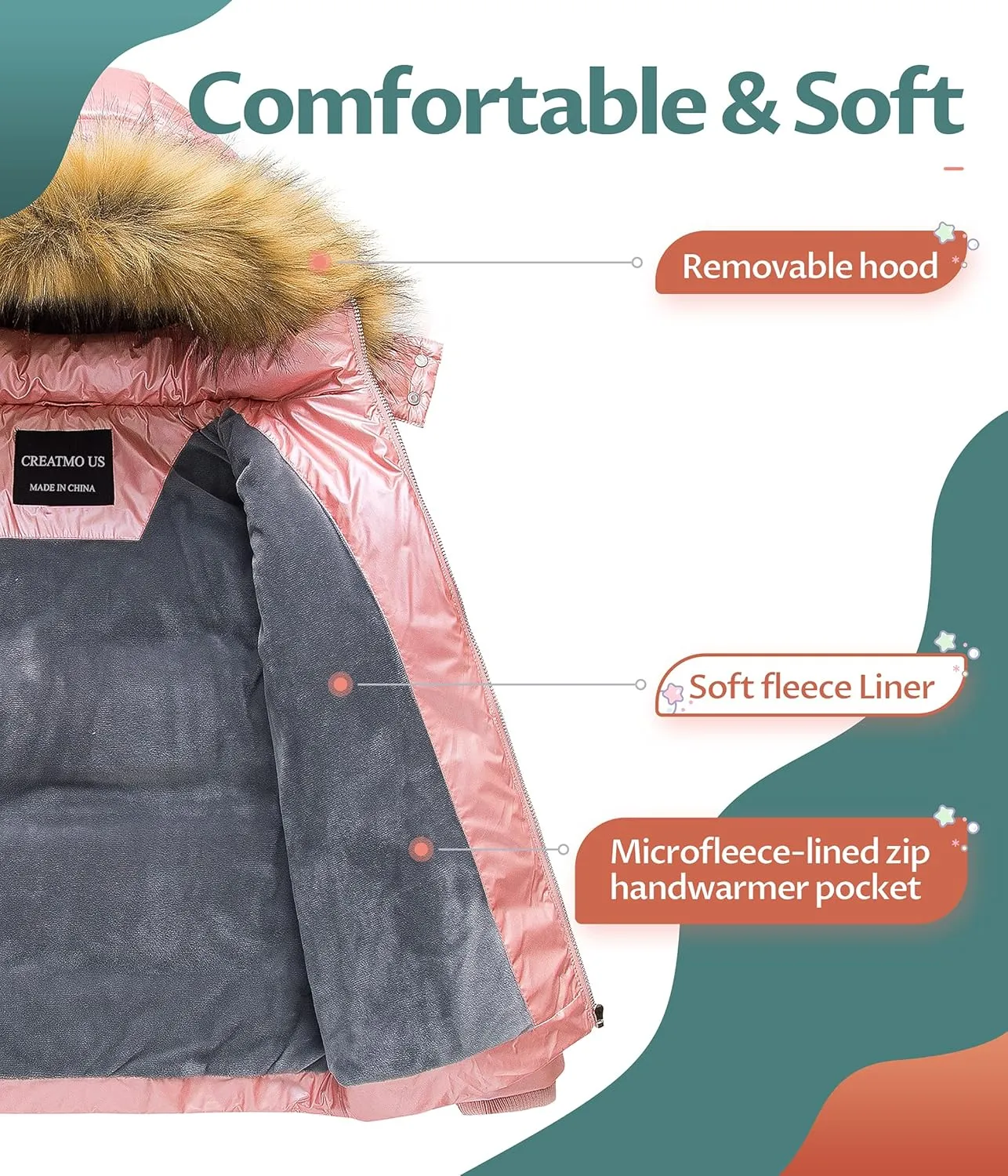 CREATMO US Girl's Kids Metallic Shiny Jacket with Detachable Fur Collar Warmth Winter Outerwear