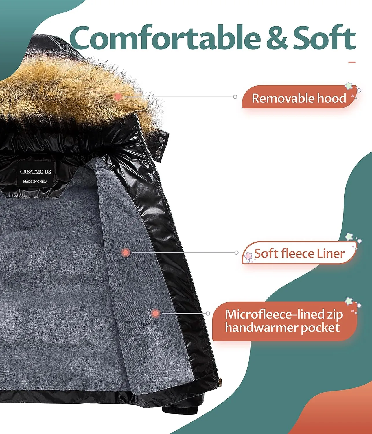 CREATMO US Girl's Kids Metallic Shiny Jacket with Detachable Fur Collar Warmth Winter Outerwear