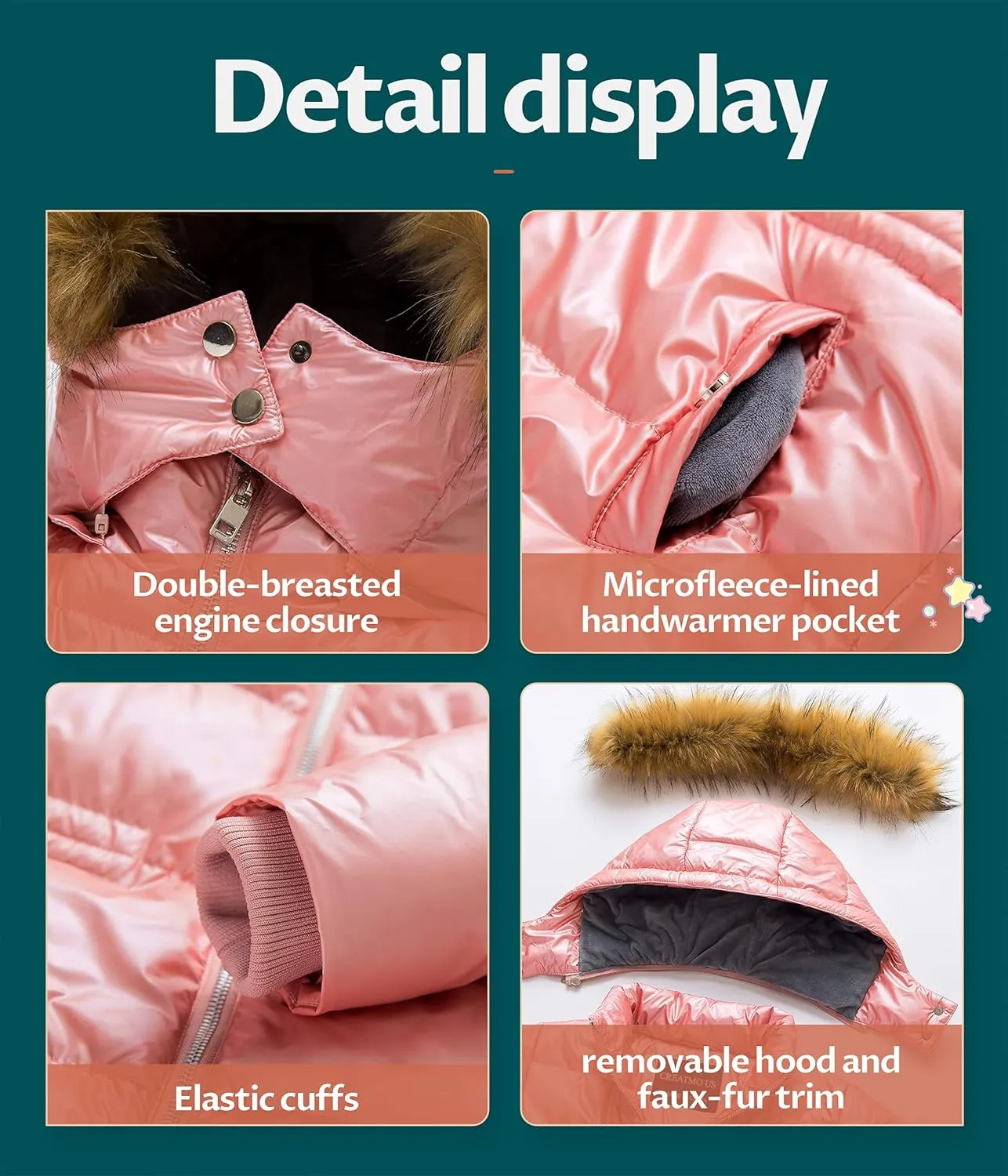 CREATMO US Girl's Kids Metallic Shiny Jacket with Detachable Fur Collar Warmth Winter Outerwear