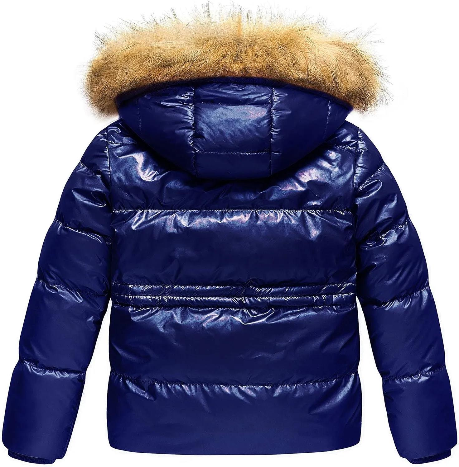 CREATMO US Girl's Kids Metallic Shiny Jacket with Detachable Fur Collar Warmth Winter Outerwear
