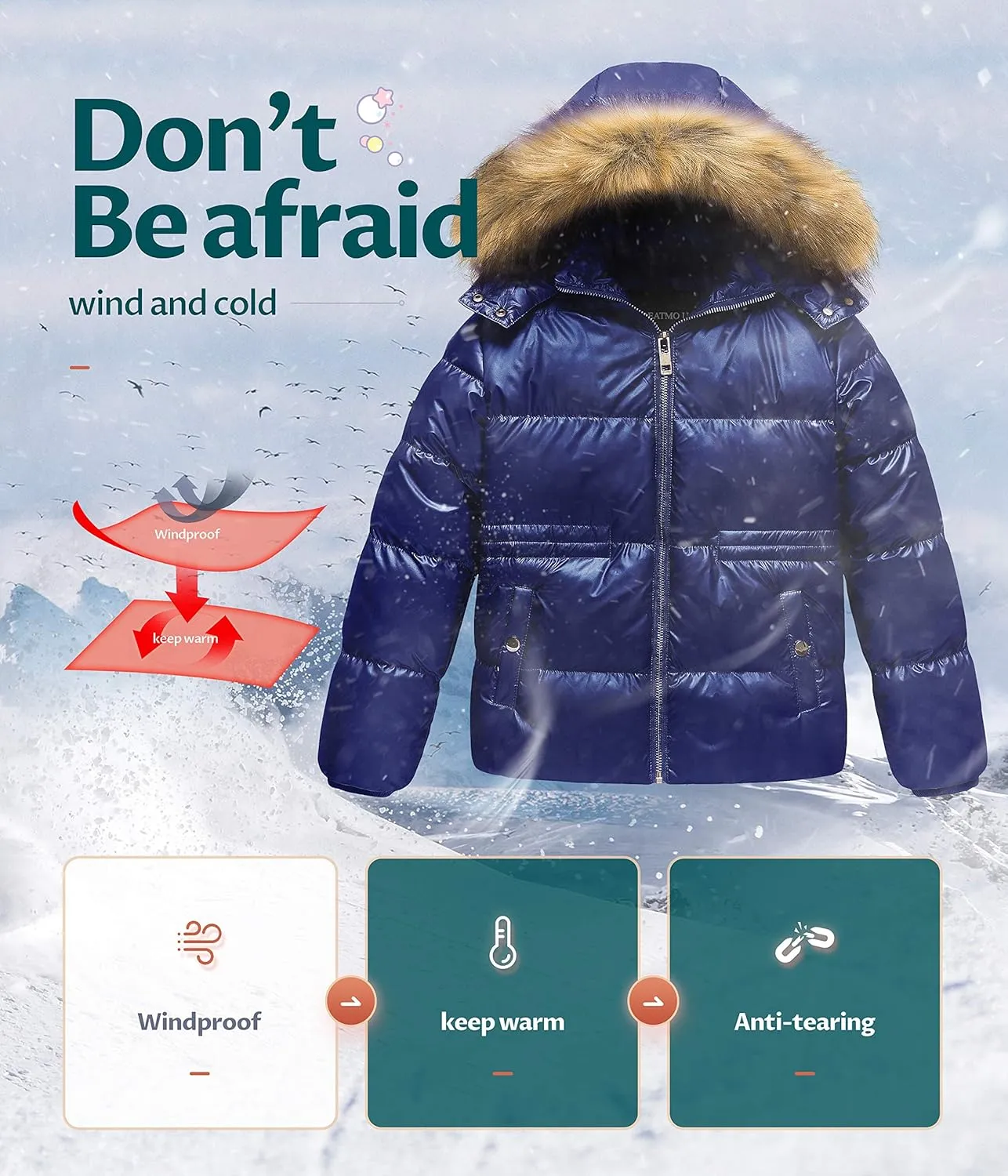 CREATMO US Girl's Kids Metallic Shiny Jacket with Detachable Fur Collar Warmth Winter Outerwear