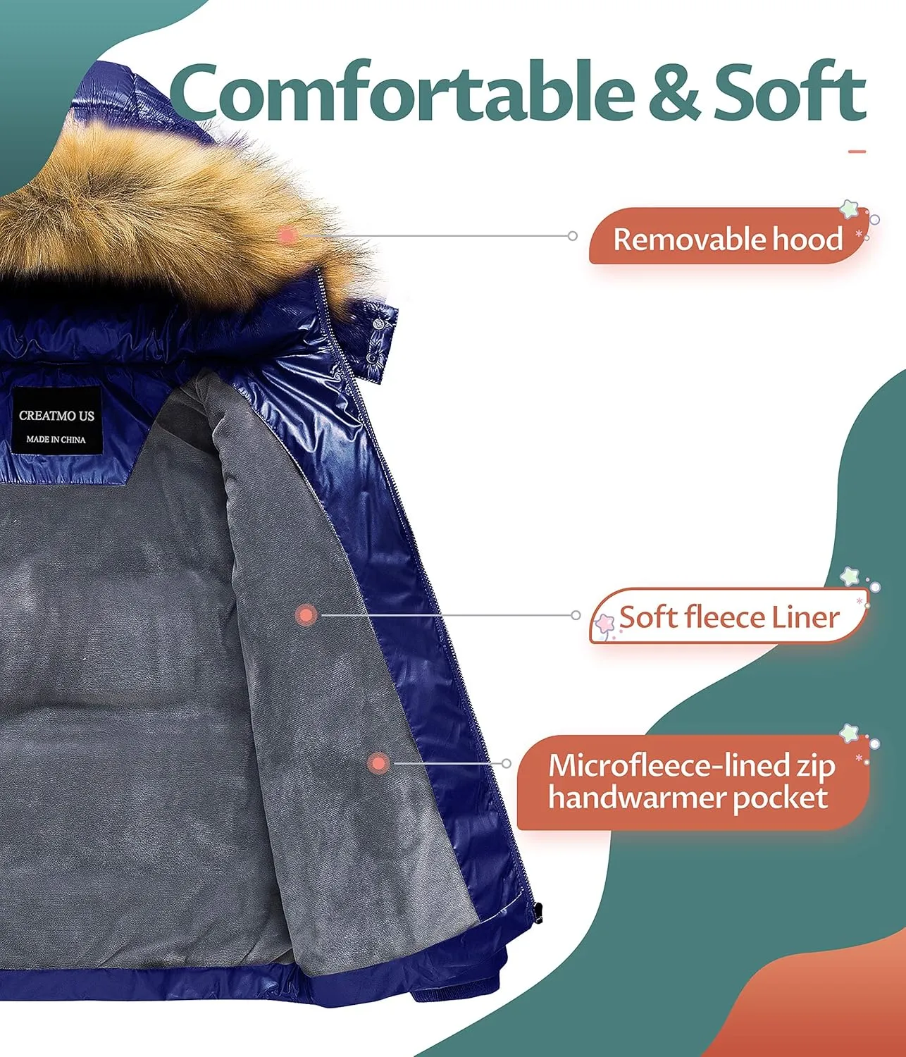 CREATMO US Girl's Kids Metallic Shiny Jacket with Detachable Fur Collar Warmth Winter Outerwear