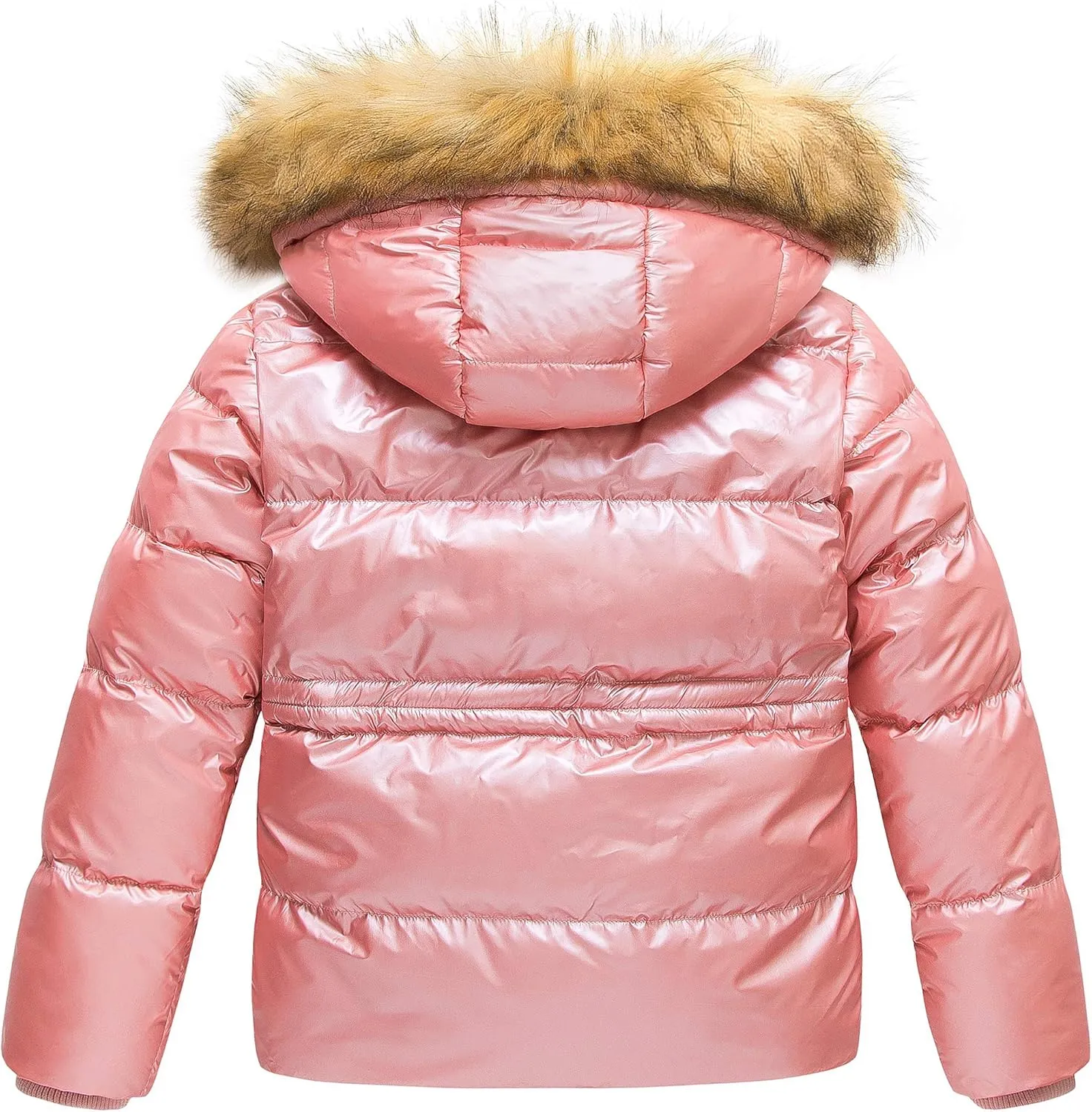 CREATMO US Girl's Kids Metallic Shiny Jacket with Detachable Fur Collar Warmth Winter Outerwear