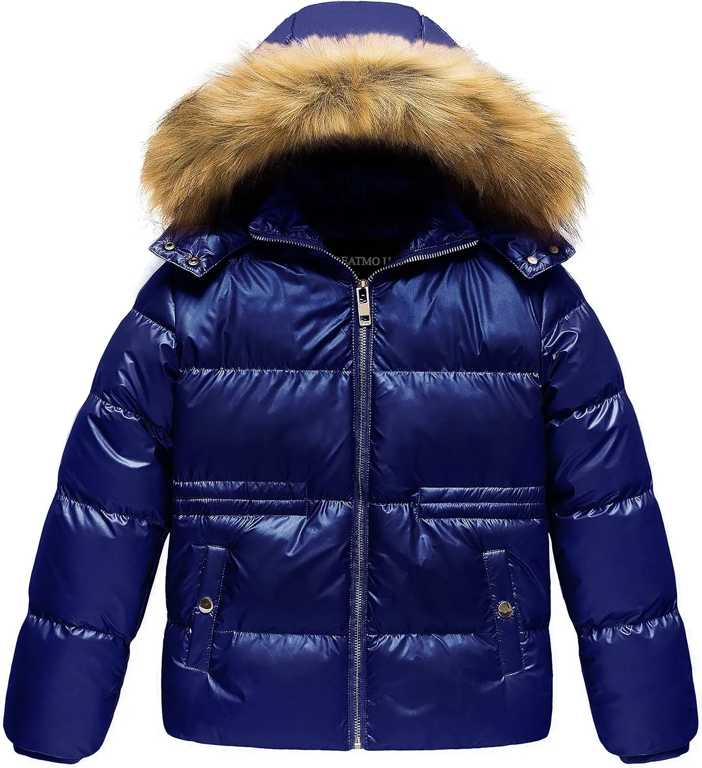 CREATMO US Girl's Kids Metallic Shiny Jacket with Detachable Fur Collar Warmth Winter Outerwear