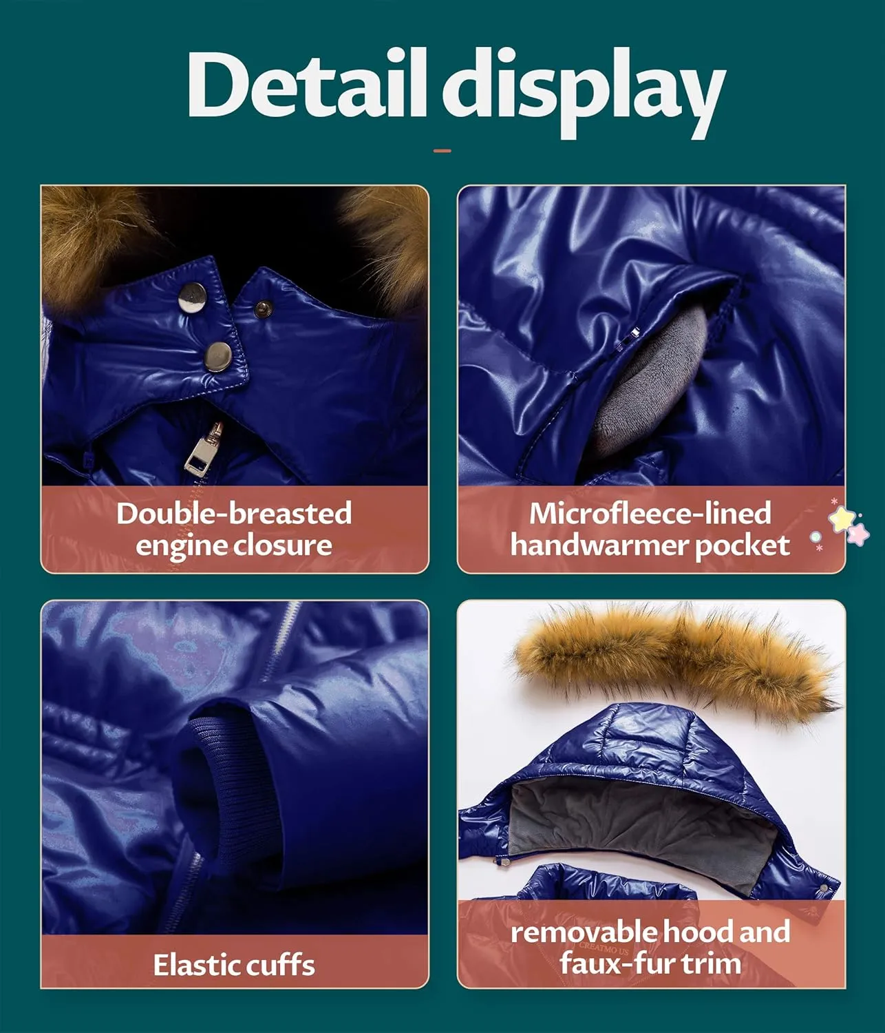 CREATMO US Girl's Kids Metallic Shiny Jacket with Detachable Fur Collar Warmth Winter Outerwear