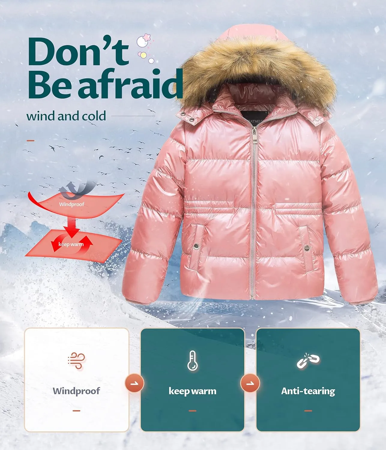 CREATMO US Girl's Kids Metallic Shiny Jacket with Detachable Fur Collar Warmth Winter Outerwear