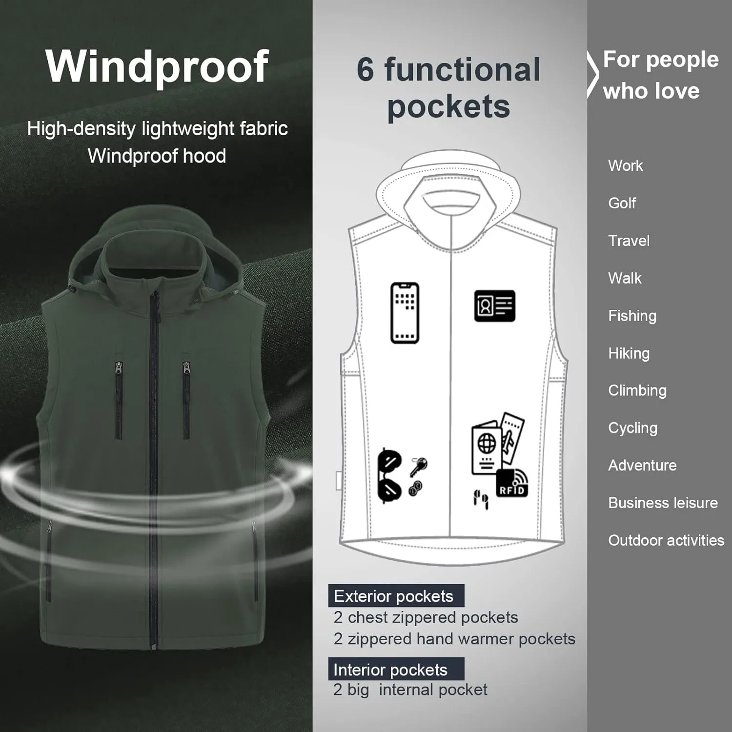 CREATMO US Men's Casual Lightweight Warm Thin Outerwear Vest Windbreaker Sleeveless Jacket With Removable Hood