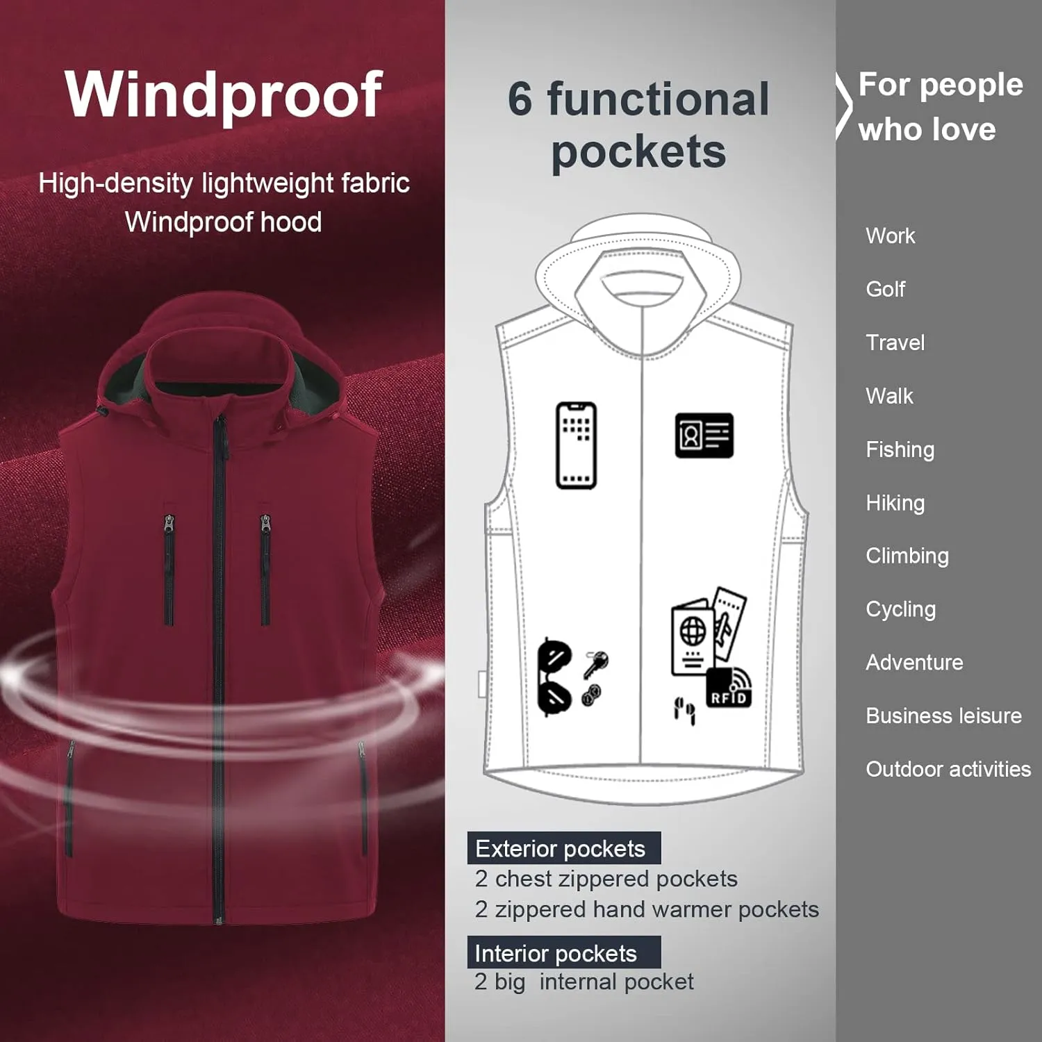 CREATMO US Men's Casual Lightweight Warm Thin Outerwear Vest Windbreaker Sleeveless Jacket With Removable Hood