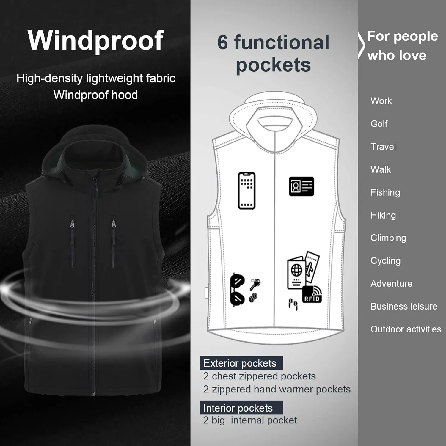 CREATMO US Men's Casual Lightweight Warm Thin Outerwear Vest Windbreaker Sleeveless Jacket With Removable Hood