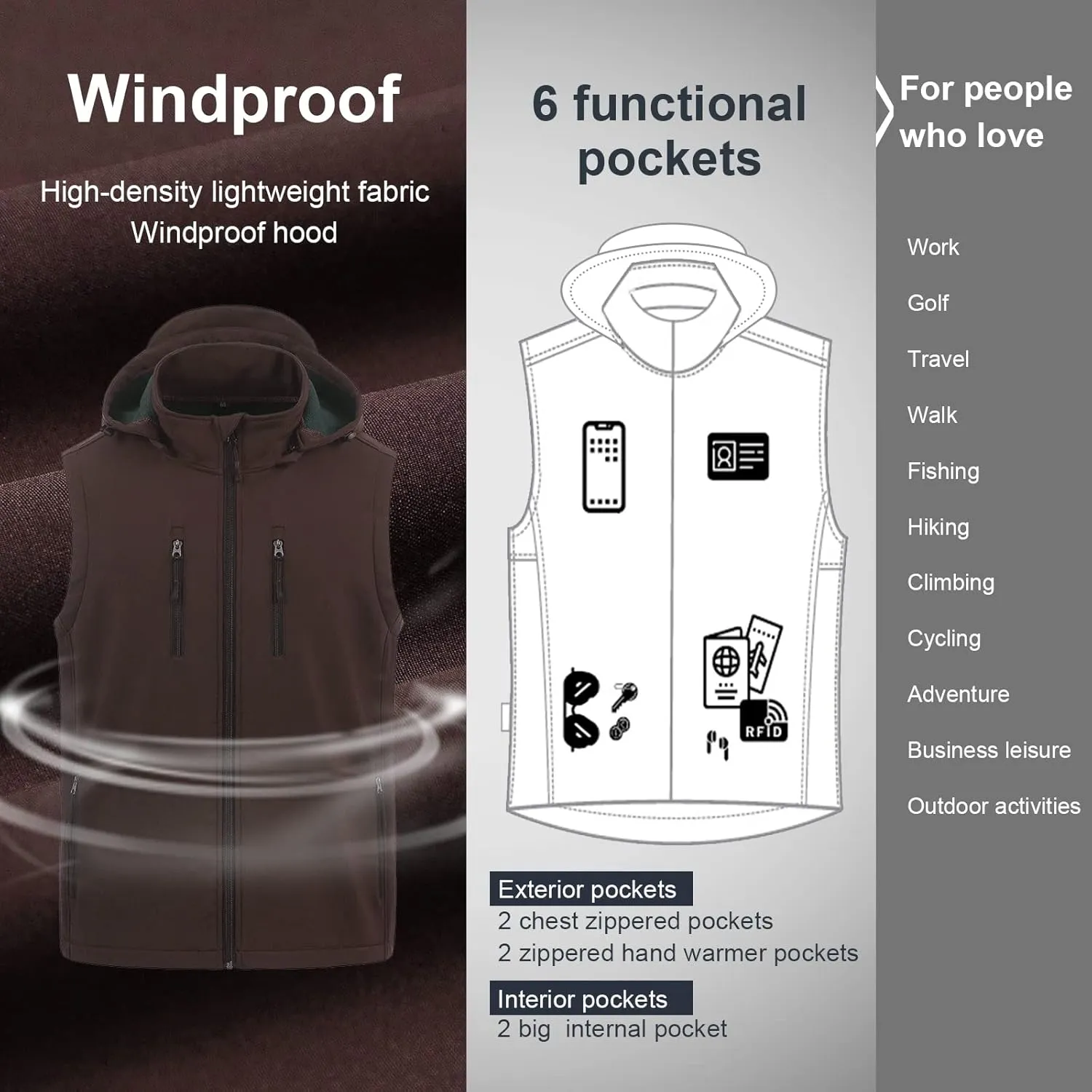 CREATMO US Men's Casual Lightweight Warm Thin Outerwear Vest Windbreaker Sleeveless Jacket With Removable Hood