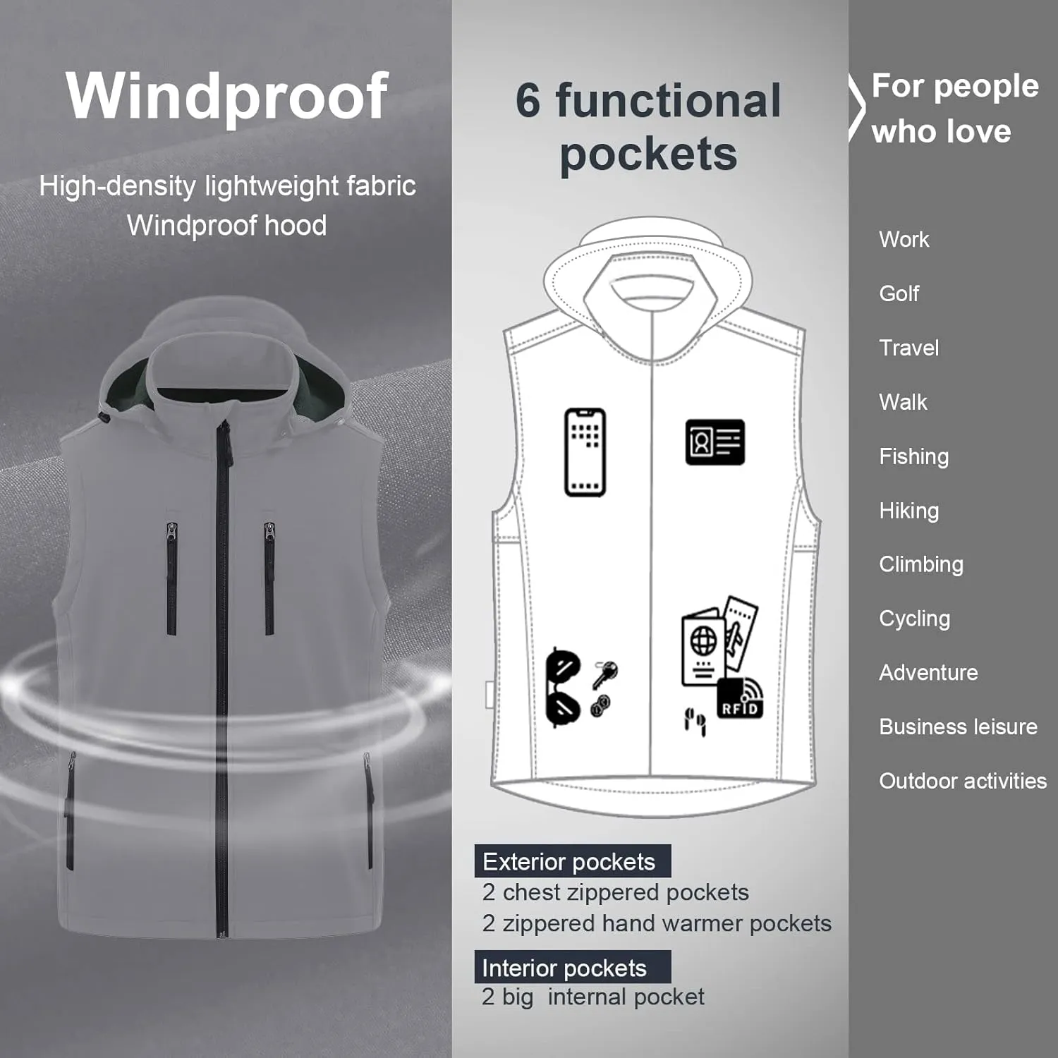 CREATMO US Men's Casual Lightweight Warm Thin Outerwear Vest Windbreaker Sleeveless Jacket With Removable Hood