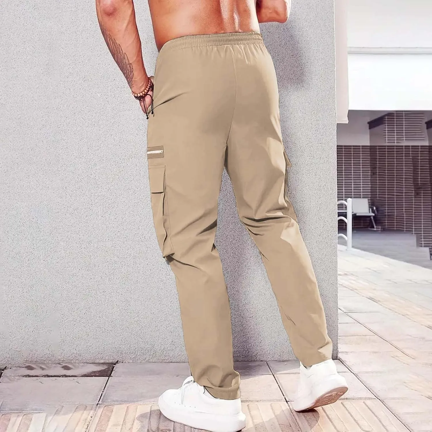 CRNTCEM Baggy Cargo Pants for Men Straight Hipster Hip Hop Sweatpants Pull On Tactical Military Trousers with Multi-Pockets