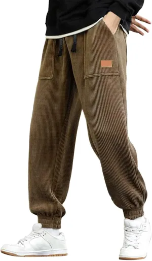 CRNTCEM Cuffed Corduory Sweatpant for Men Elastic Waist Casual Jogging Pants Winter Warm Straight Leg Athletic Harem Pants