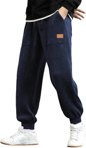 CRNTCEM Cuffed Corduory Sweatpant for Men Elastic Waist Casual Jogging Pants Winter Warm Straight Leg Athletic Harem Pants