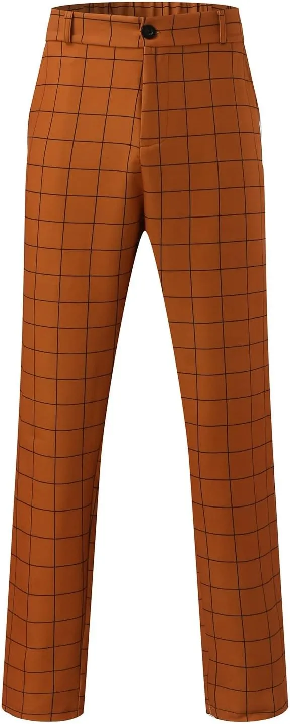 CRNTCEM Men's Plaid Suit Pants Chinos Skinny Work Business Trouser Straight Wedding Flat Front Formal Dress Check Trousers