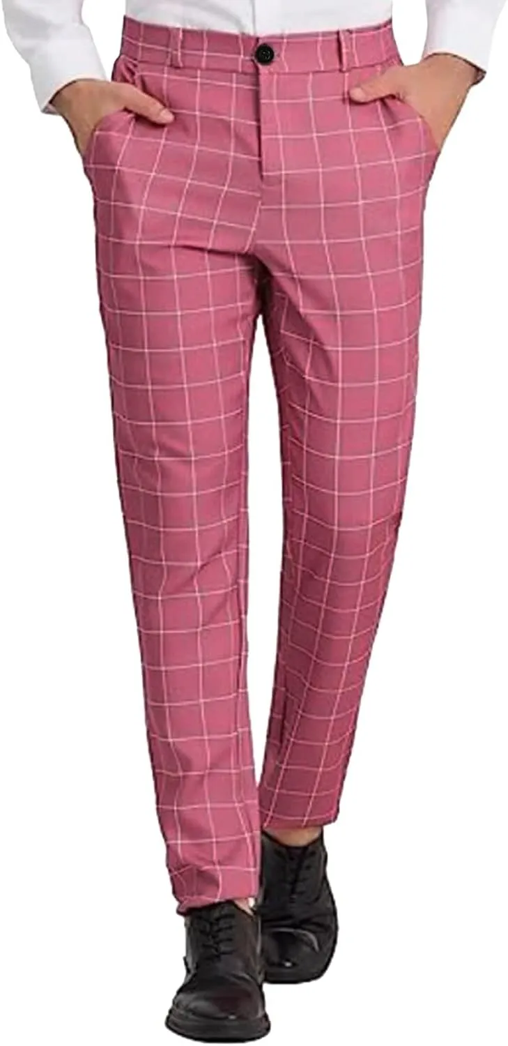 CRNTCEM Men's Plaid Suit Pants Chinos Skinny Work Business Trouser Straight Wedding Flat Front Formal Dress Check Trousers