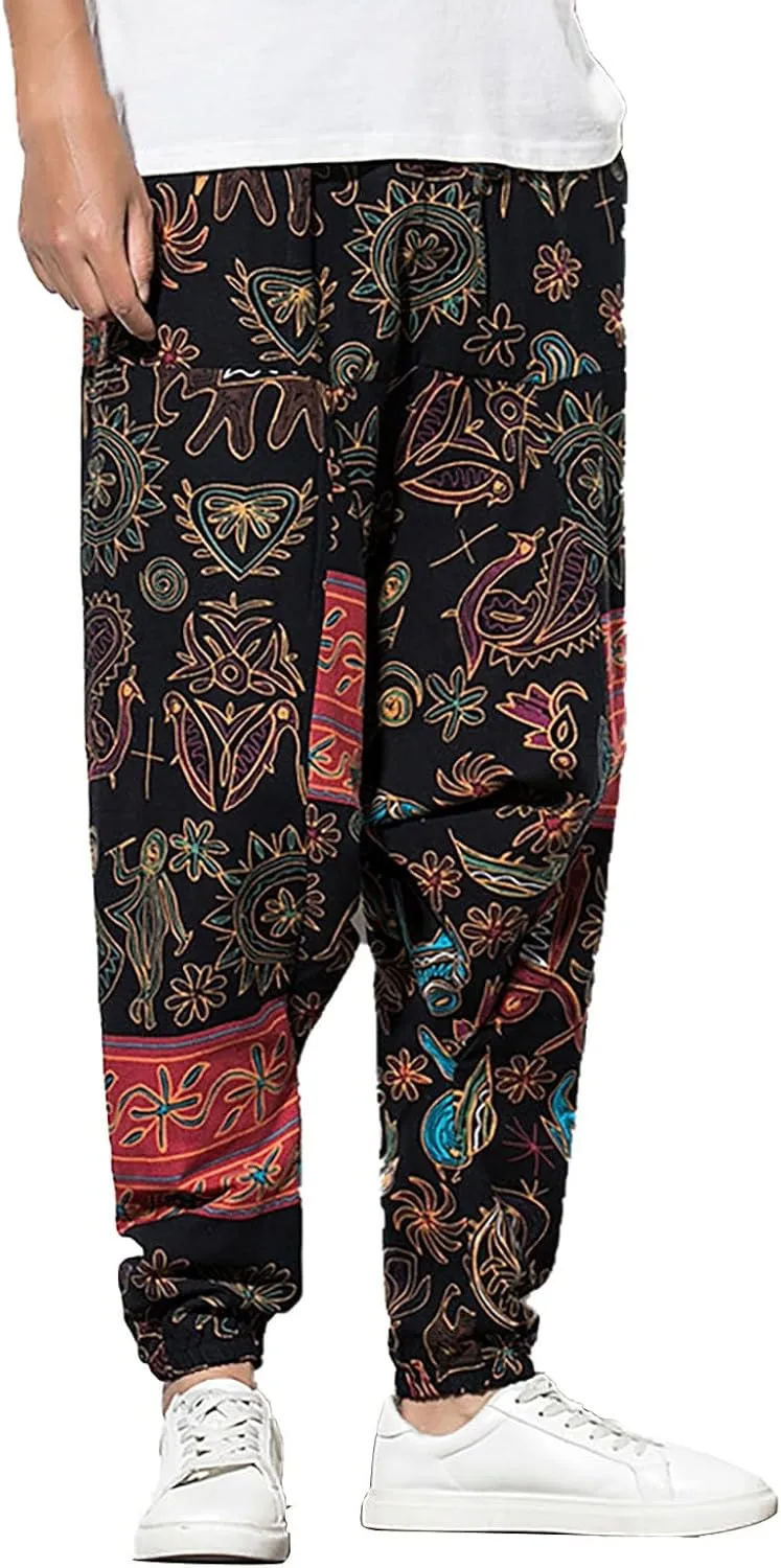 CRNTCEM Mens Printed Harem Pants Baggy Drop Crotch Boho Hippie Pants Straigth Leg Cotton Atheltic Yoga Trousers