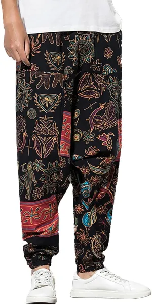 CRNTCEM Mens Printed Harem Pants Straigth Leg Cotton Drop Crotch Atheltic Yoga Trouser Baggy Boho Hippie Pants