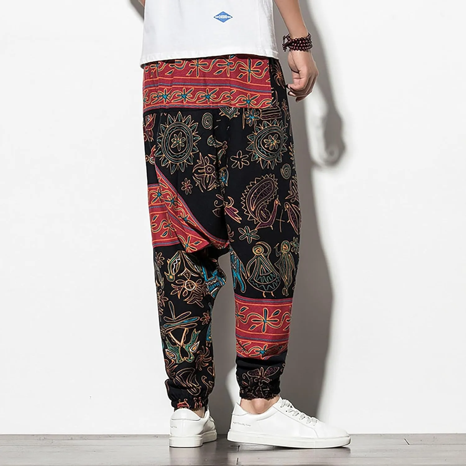 CRNTCEM Mens Printed Harem Pants Straigth Leg Cotton Drop Crotch Atheltic Yoga Trouser Baggy Boho Hippie Pants