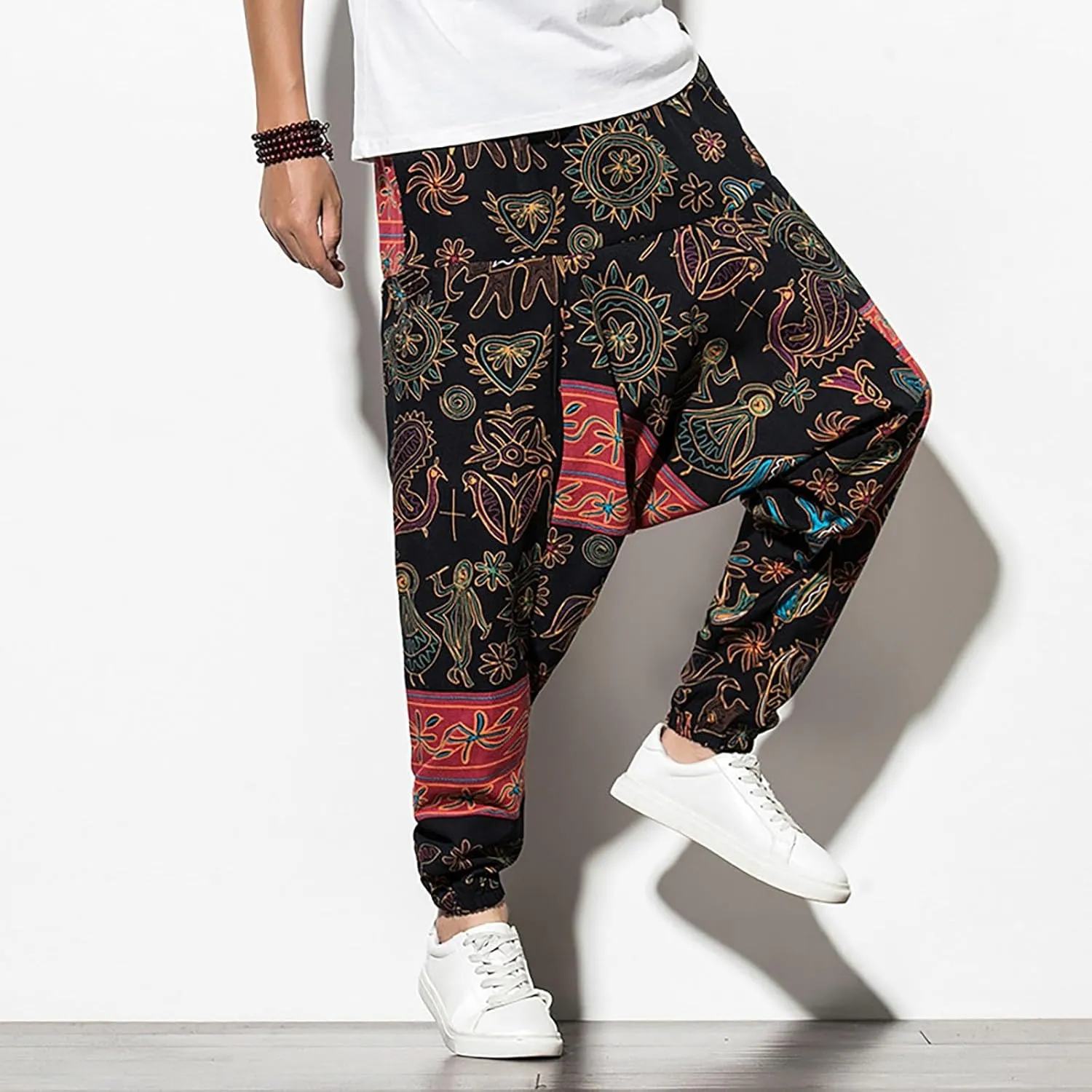 CRNTCEM Mens Printed Harem Pants Straigth Leg Cotton Drop Crotch Atheltic Yoga Trouser Baggy Boho Hippie Pants