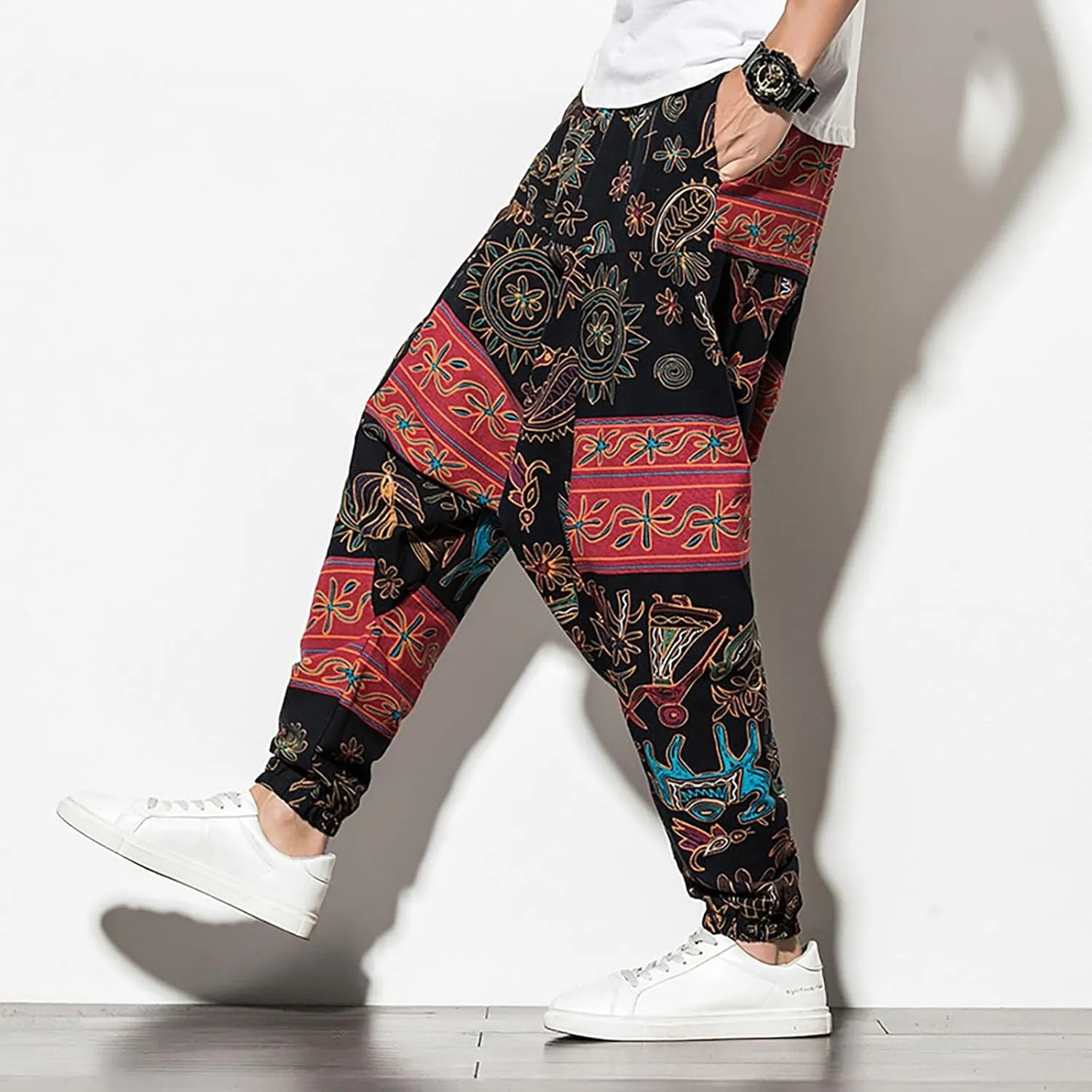 CRNTCEM Mens Printed Harem Pants Straigth Leg Cotton Drop Crotch Atheltic Yoga Trouser Baggy Boho Hippie Pants