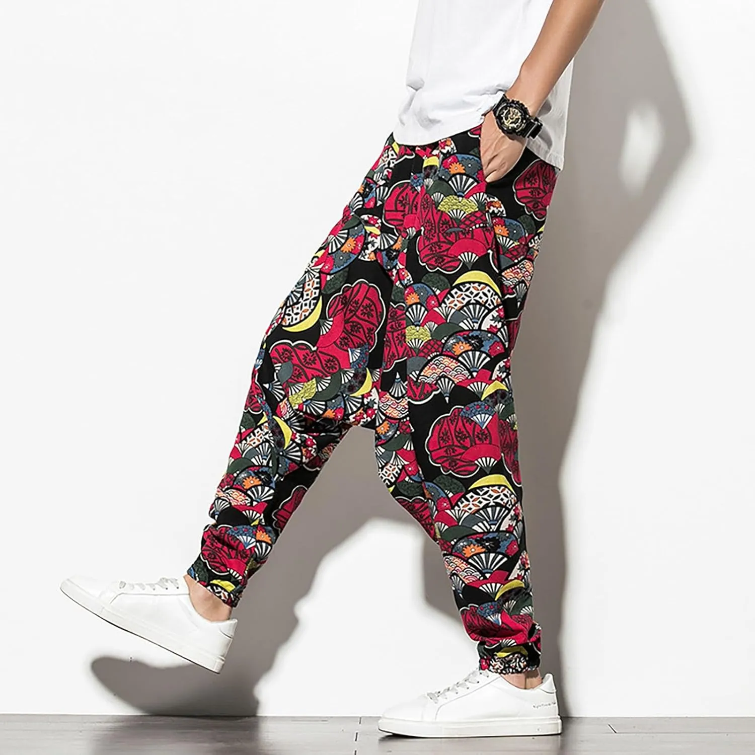CRNTCEM Mens Printed Harem Pants Straigth Leg Cotton Drop Crotch Atheltic Yoga Trouser Baggy Boho Hippie Pants