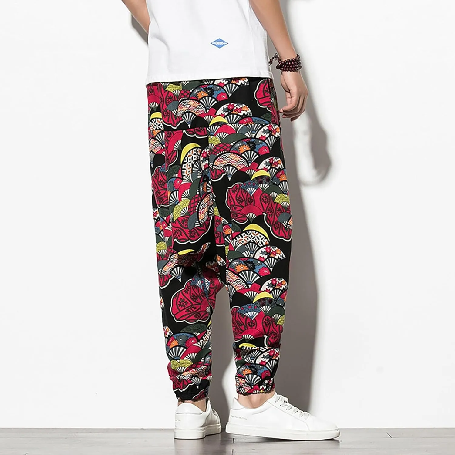 CRNTCEM Mens Printed Harem Pants Straigth Leg Cotton Drop Crotch Atheltic Yoga Trouser Baggy Boho Hippie Pants