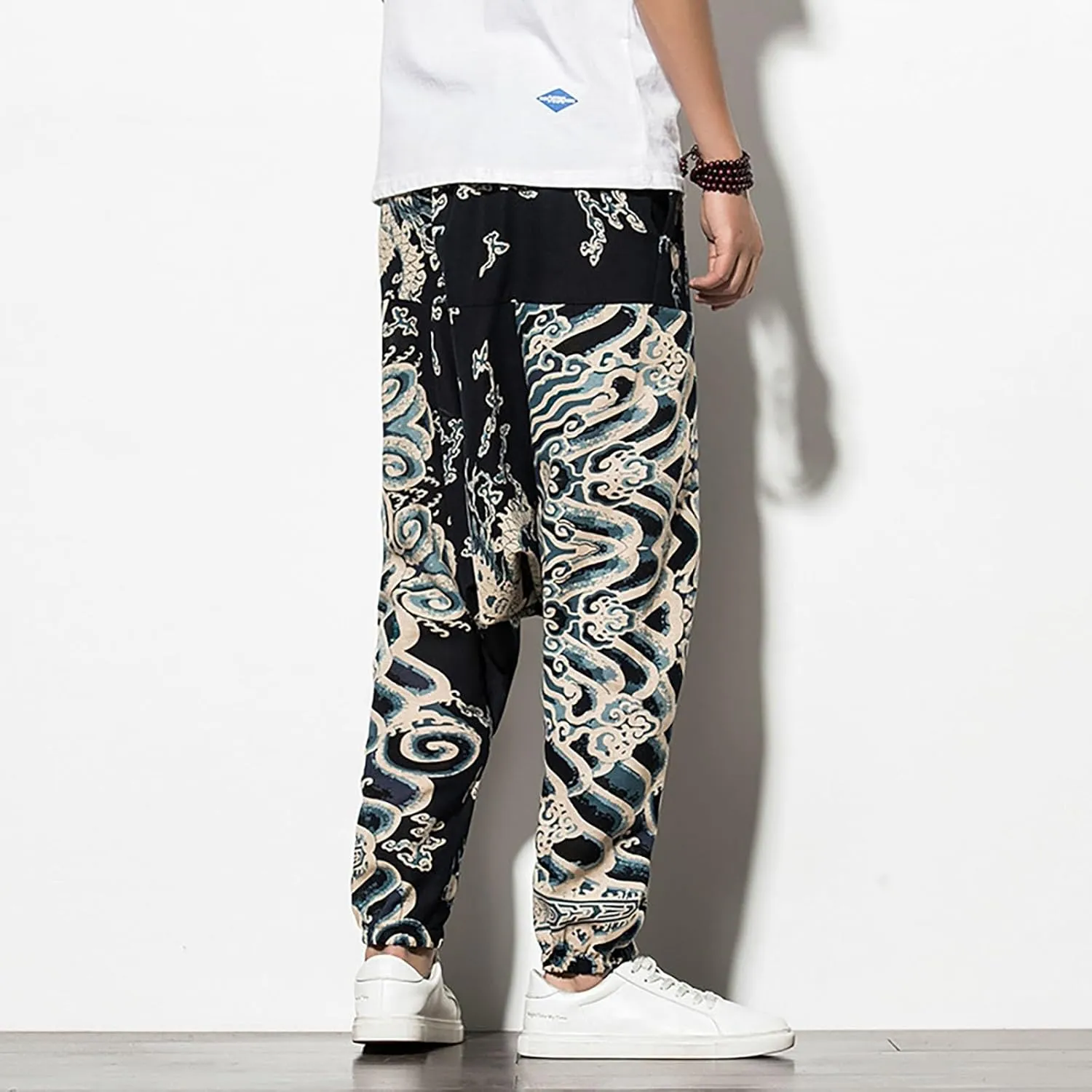CRNTCEM Mens Printed Harem Pants Straigth Leg Cotton Drop Crotch Atheltic Yoga Trouser Baggy Boho Hippie Pants