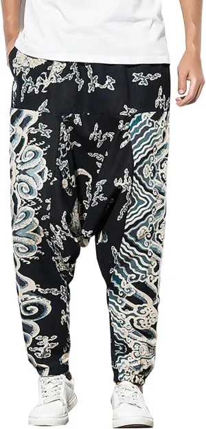 CRNTCEM Mens Printed Harem Pants Straigth Leg Cotton Drop Crotch Atheltic Yoga Trouser Baggy Boho Hippie Pants
