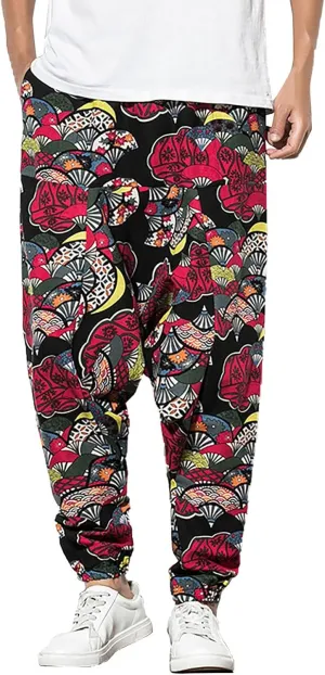 CRNTCEM Mens Printed Harem Pants Straigth Leg Cotton Drop Crotch Atheltic Yoga Trouser Baggy Boho Hippie Pants