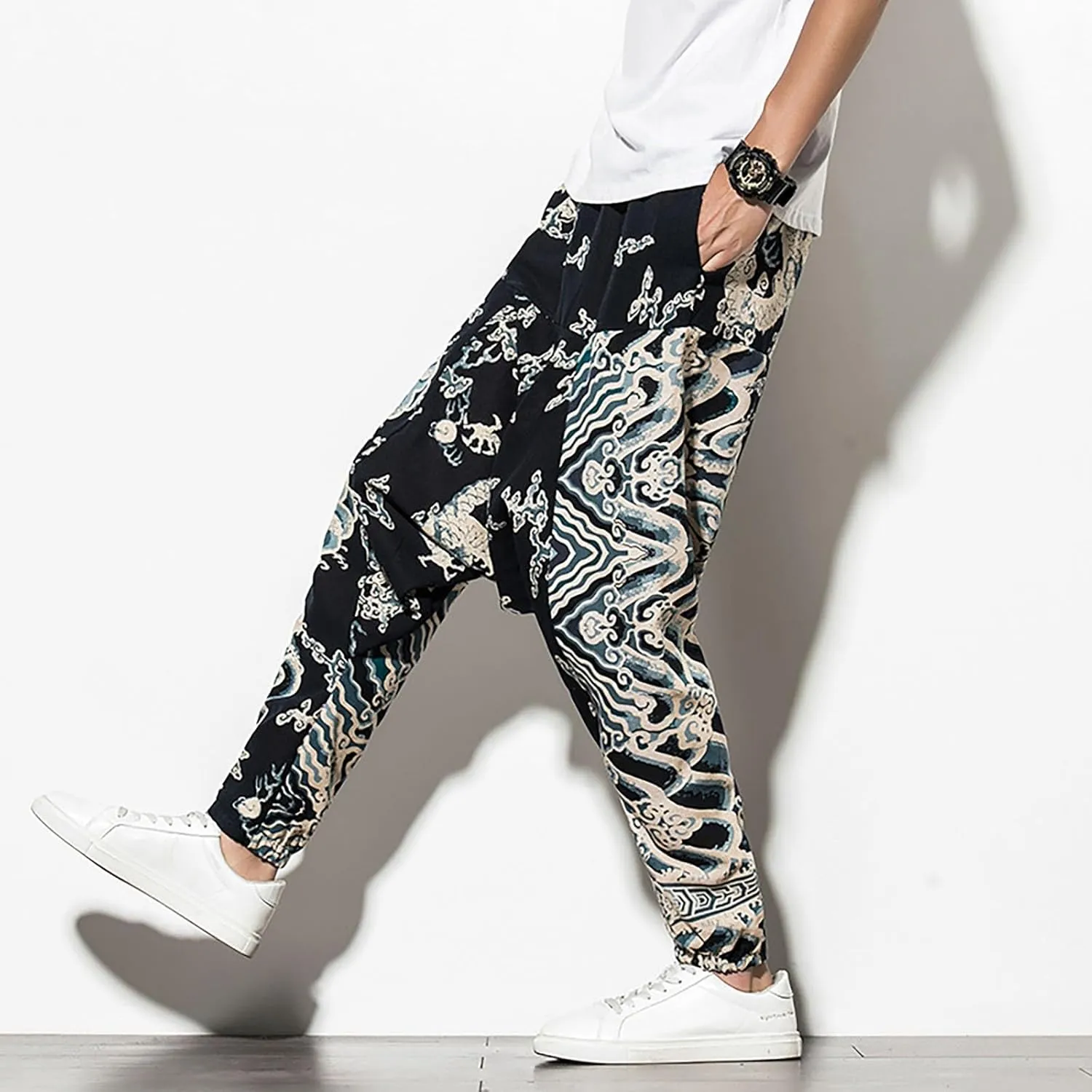 CRNTCEM Mens Printed Harem Pants Straigth Leg Cotton Drop Crotch Atheltic Yoga Trouser Baggy Boho Hippie Pants