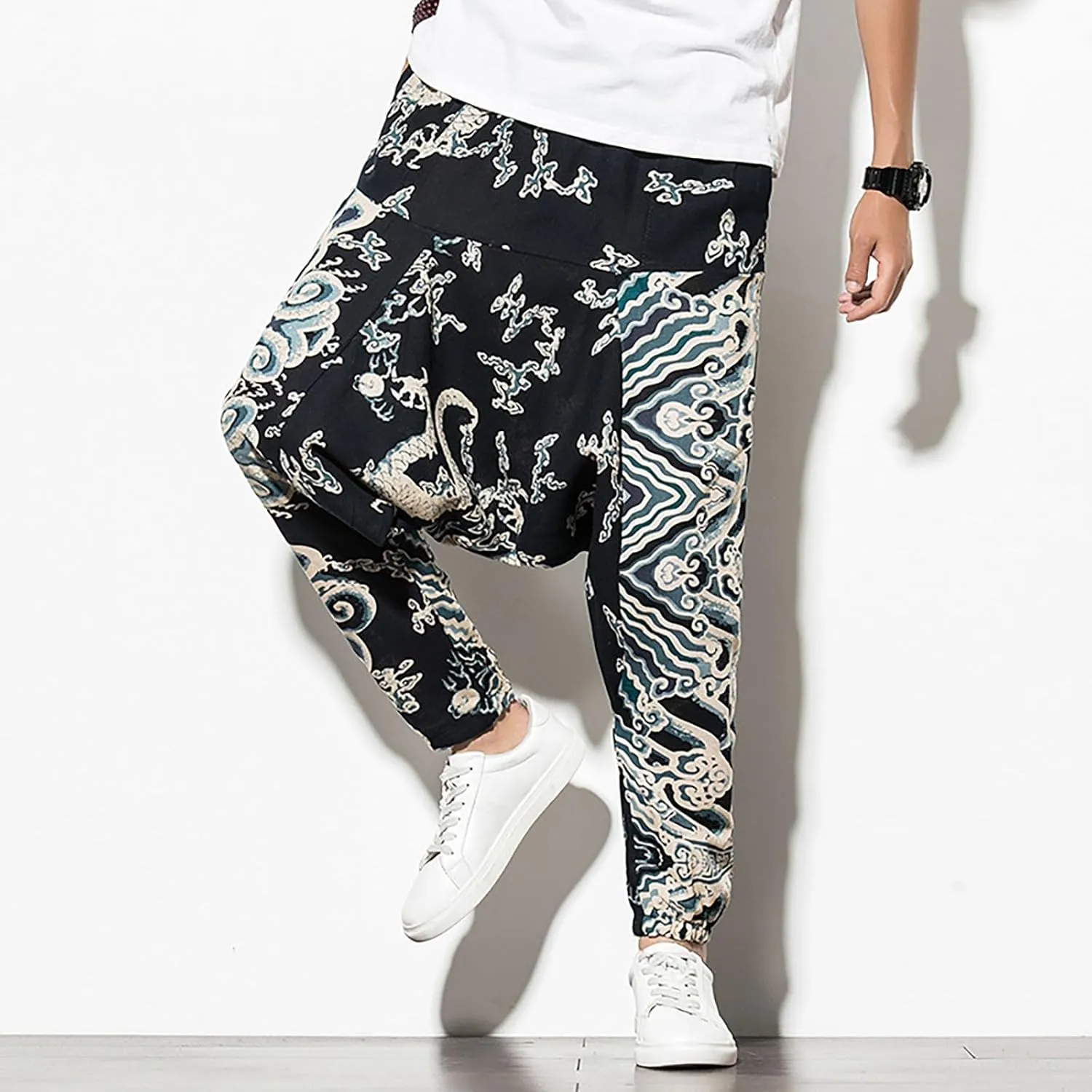 CRNTCEM Mens Printed Harem Pants Straigth Leg Cotton Drop Crotch Atheltic Yoga Trouser Baggy Boho Hippie Pants