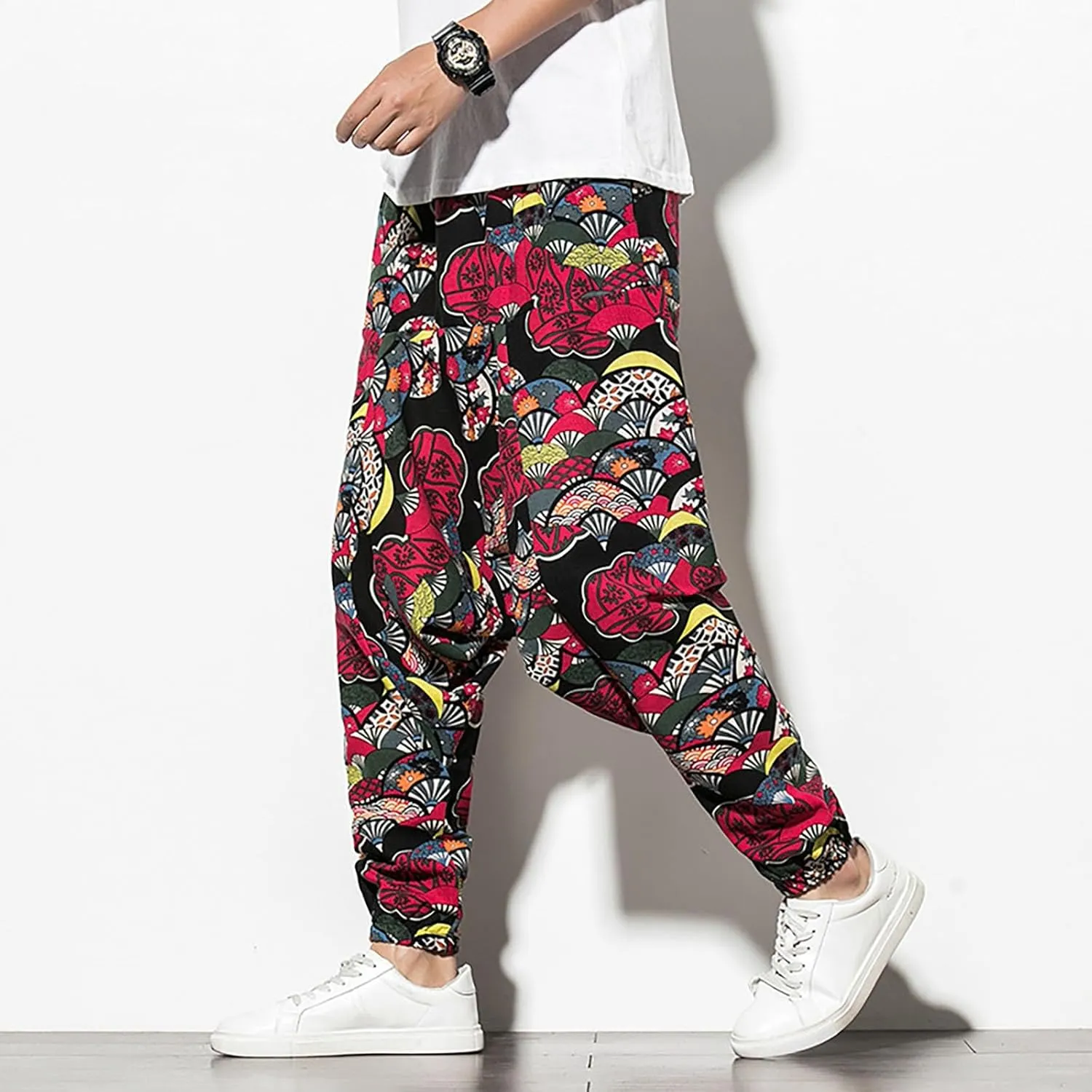 CRNTCEM Mens Printed Harem Pants Straigth Leg Cotton Drop Crotch Atheltic Yoga Trouser Baggy Boho Hippie Pants