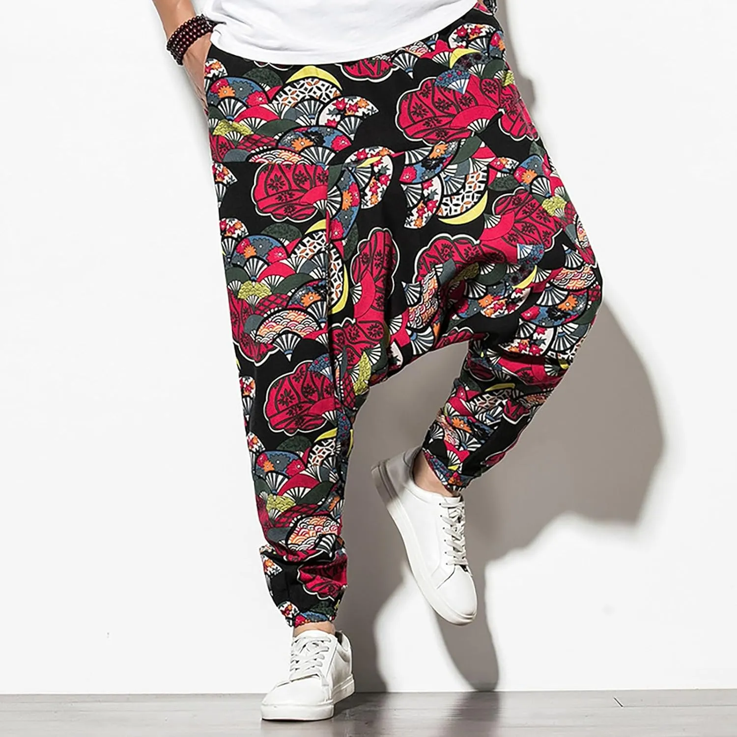 CRNTCEM Mens Printed Harem Pants Straigth Leg Cotton Drop Crotch Atheltic Yoga Trouser Baggy Boho Hippie Pants