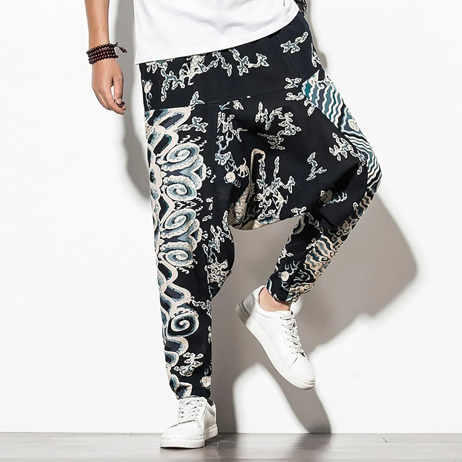 CRNTCEM Mens Printed Harem Pants Straigth Leg Cotton Drop Crotch Atheltic Yoga Trouser Baggy Boho Hippie Pants