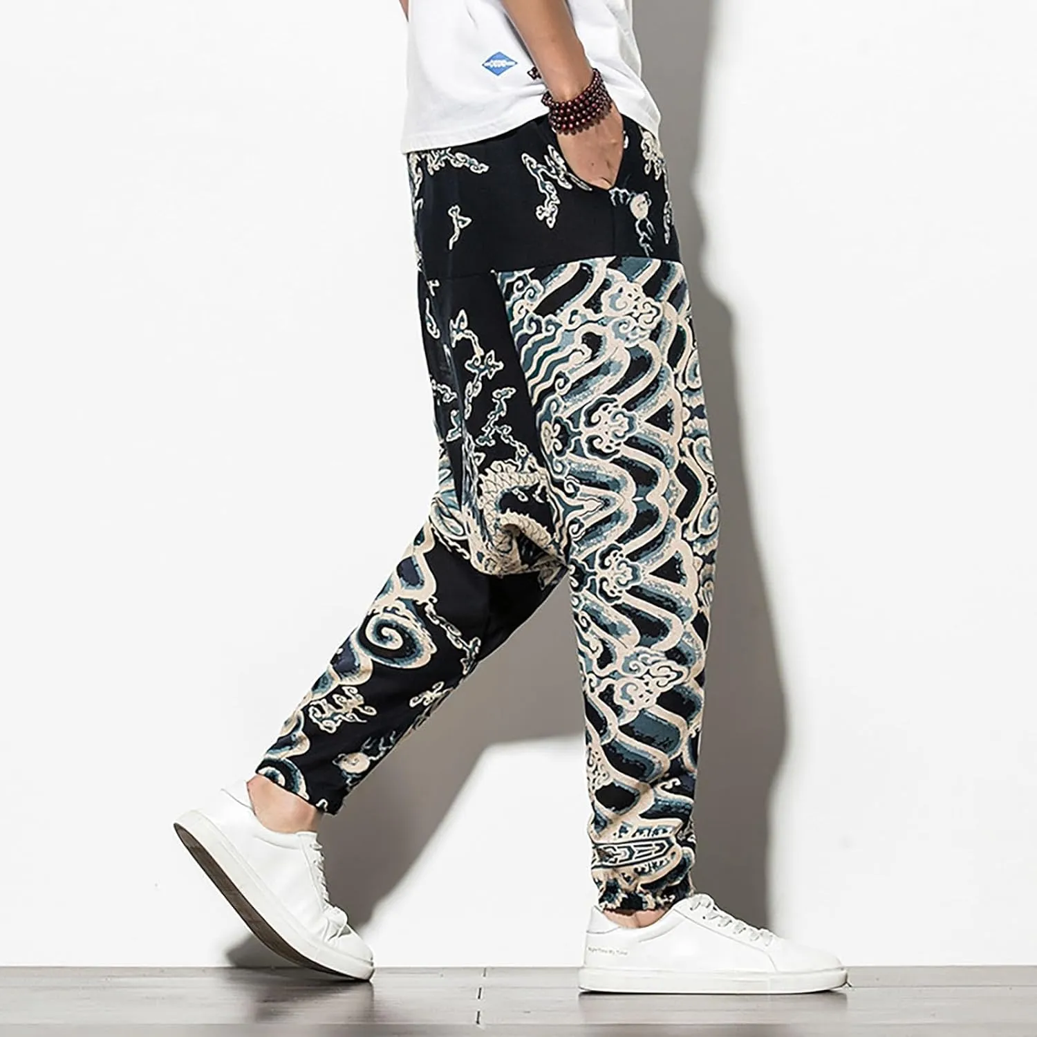 CRNTCEM Mens Printed Harem Pants Straigth Leg Cotton Drop Crotch Atheltic Yoga Trouser Baggy Boho Hippie Pants