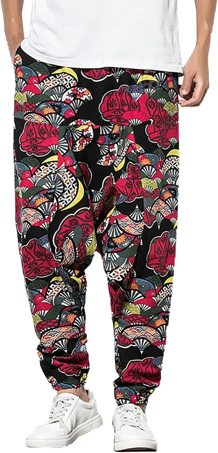 CRNTCEM Mens Printed Harem Pants Straigth Leg Cotton Drop Crotch Atheltic Yoga Trouser Baggy Boho Hippie Pants