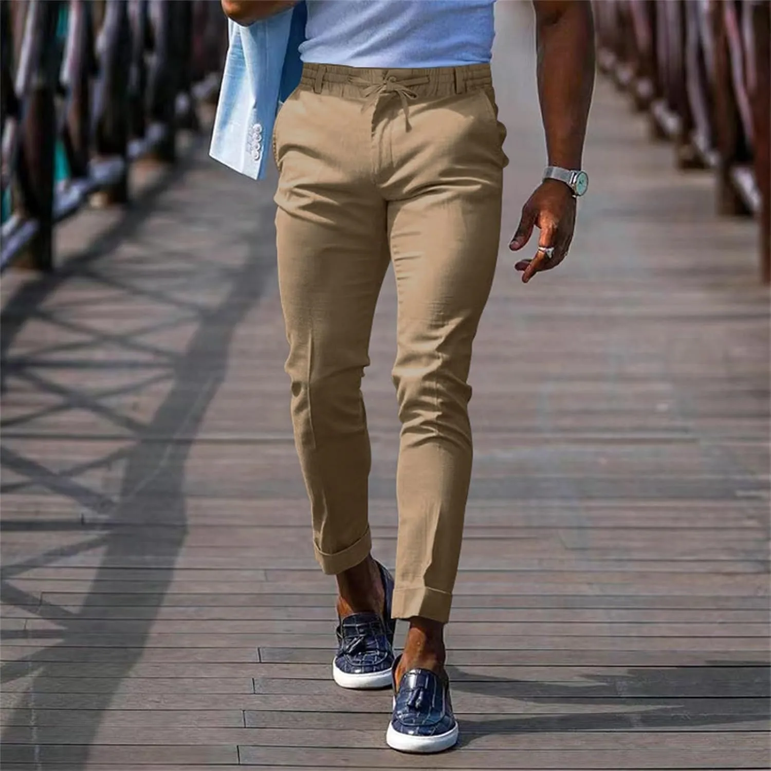 CRNTCEM Mens Tapered Leg Casual Pants Elastic Waist Chinos Cotton Joggers Outdoor Casual Anckle Athletic Work Formal Pant