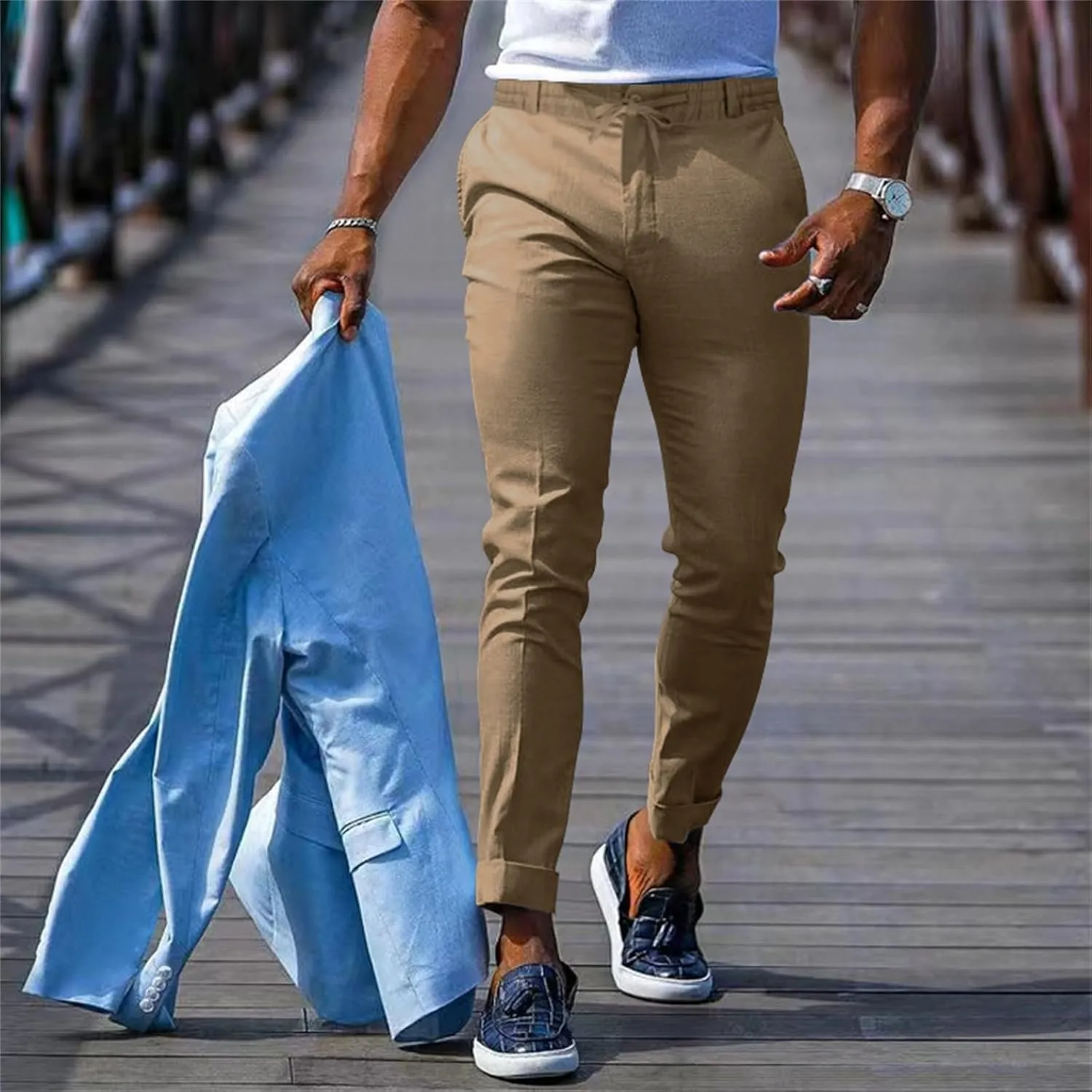 CRNTCEM Mens Tapered Leg Casual Pants Elastic Waist Chinos Cotton Joggers Outdoor Casual Anckle Athletic Work Formal Pant