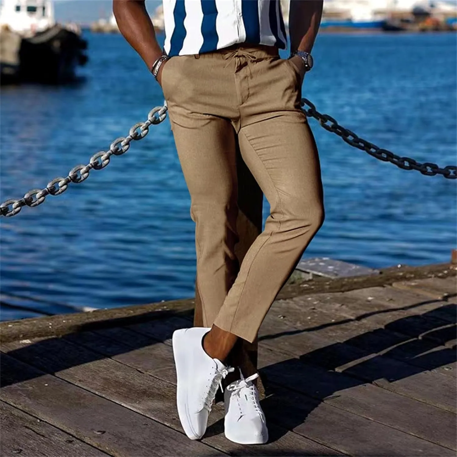 CRNTCEM Mens Tapered Leg Casual Pants Elastic Waist Chinos Cotton Joggers Outdoor Casual Anckle Athletic Work Formal Pant