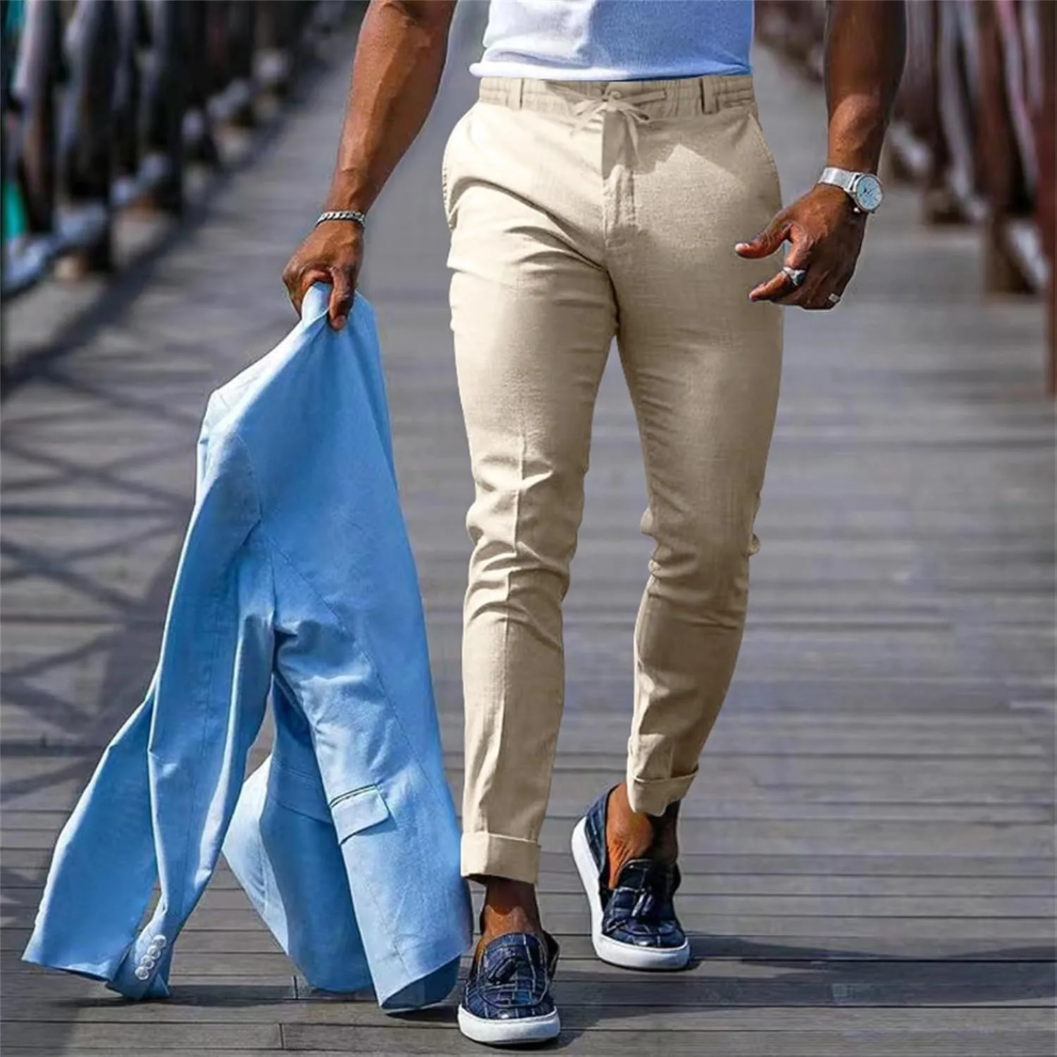CRNTCEM Mens Tapered Leg Casual Pants Elastic Waist Chinos Cotton Joggers Outdoor Casual Anckle Athletic Work Formal Pant