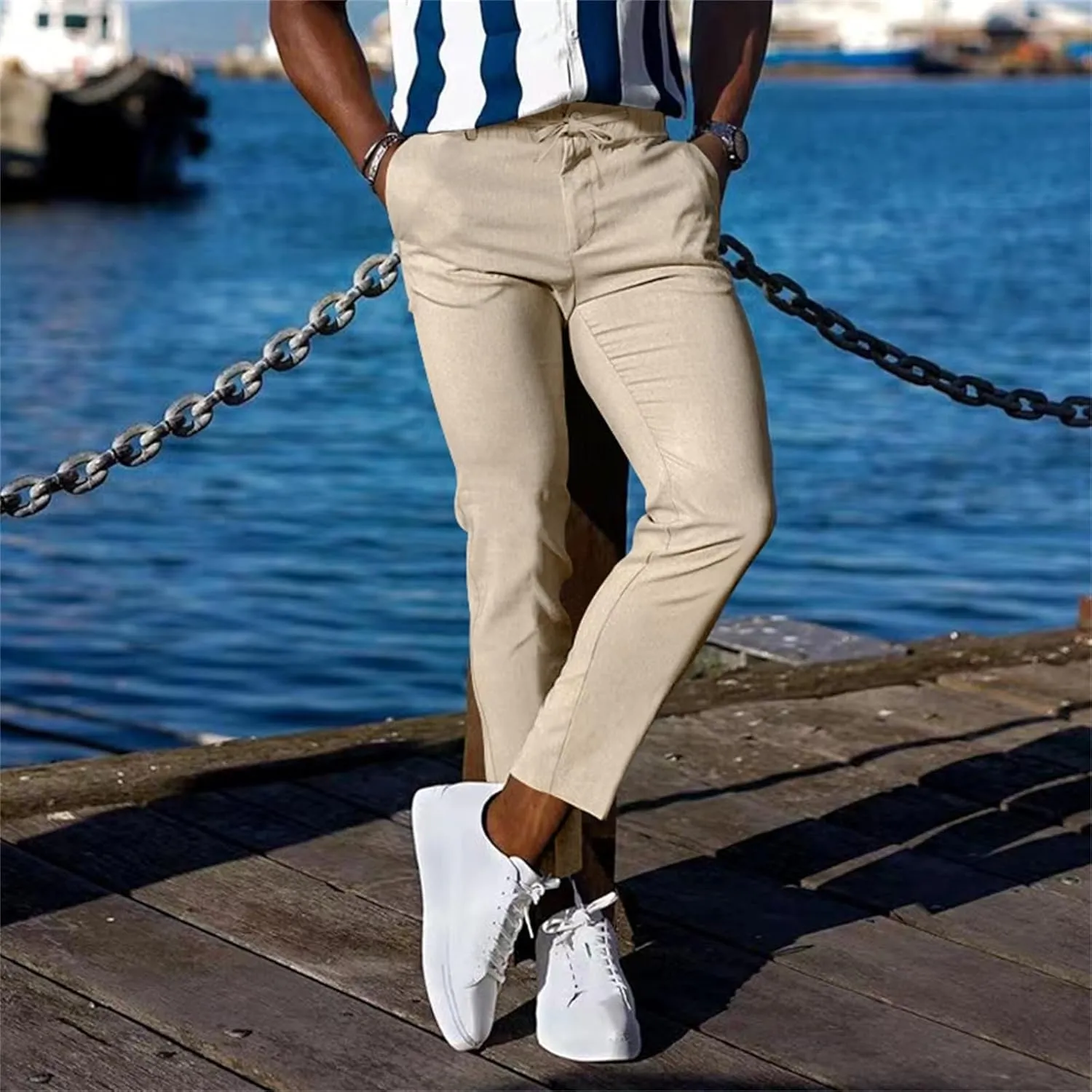 CRNTCEM Mens Tapered Leg Casual Pants Elastic Waist Chinos Cotton Joggers Outdoor Casual Anckle Athletic Work Formal Pant