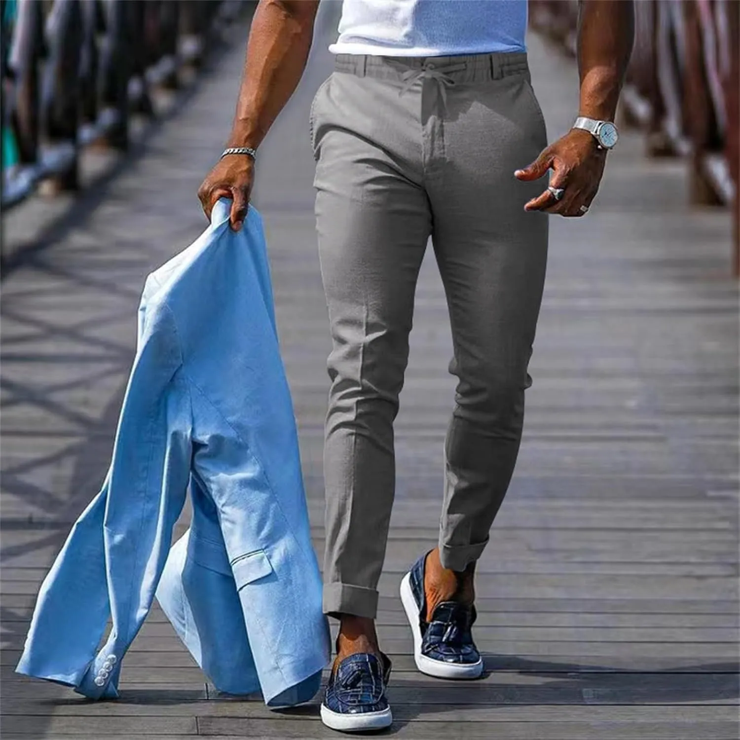 CRNTCEM Mens Tapered Leg Casual Pants Elastic Waist Chinos Cotton Joggers Outdoor Casual Anckle Athletic Work Formal Pant